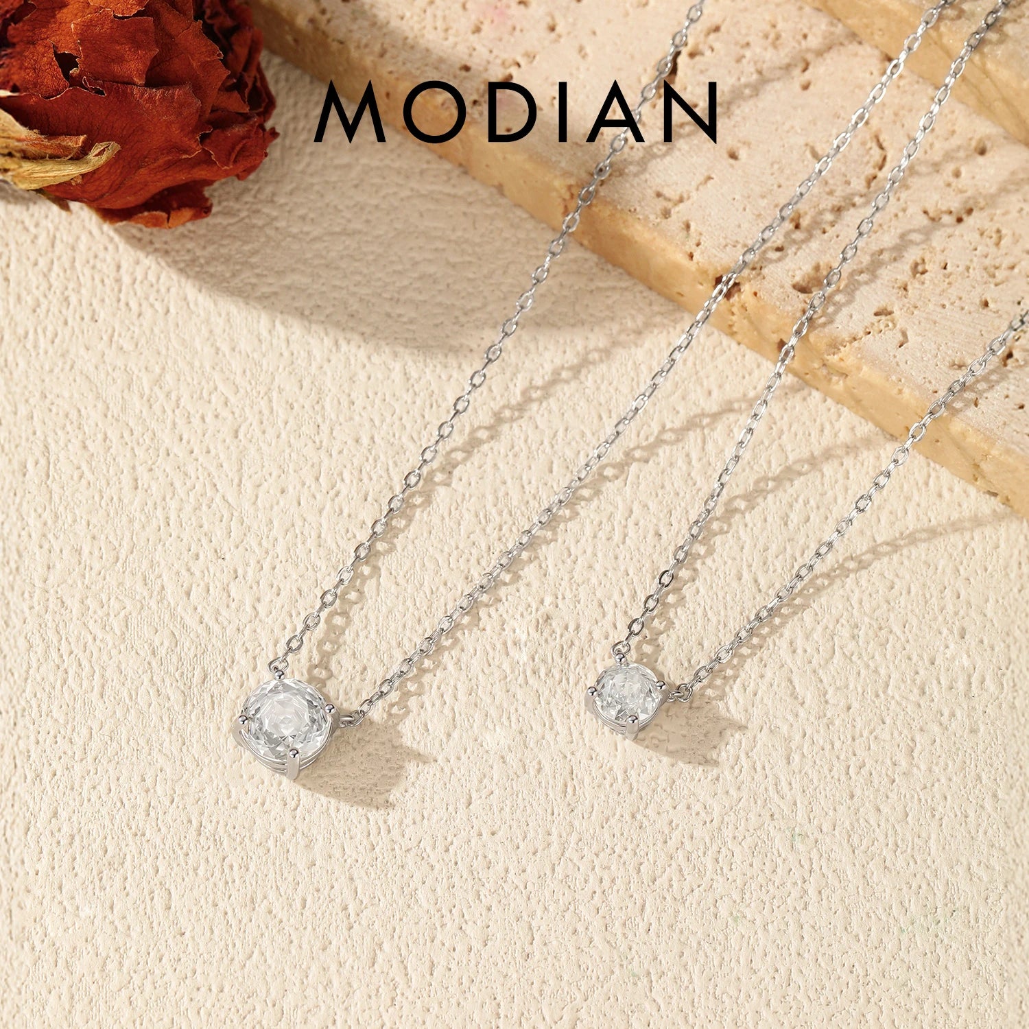 MODIAN 925 Sterling Silver Classic Round Rose Cut Clear Cubic Zirconia Link Chain Pendant Necklace For Women Fine Jewelry