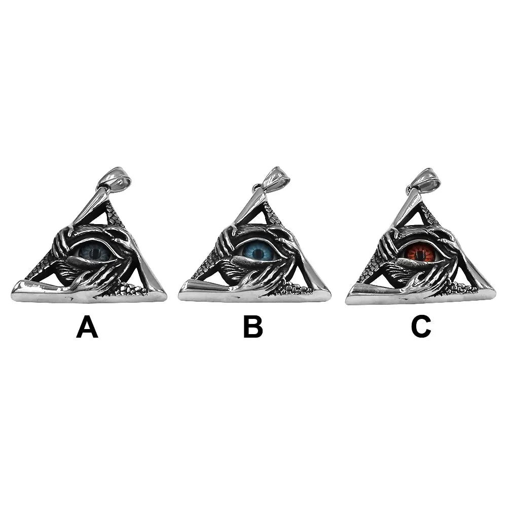 Pendentif talisman égyptien œil d'Horus Ra Udjat en acier inoxydable Illuminati Pyramid Eye Evil Hand Biker cadeau pour homme SWP0548A