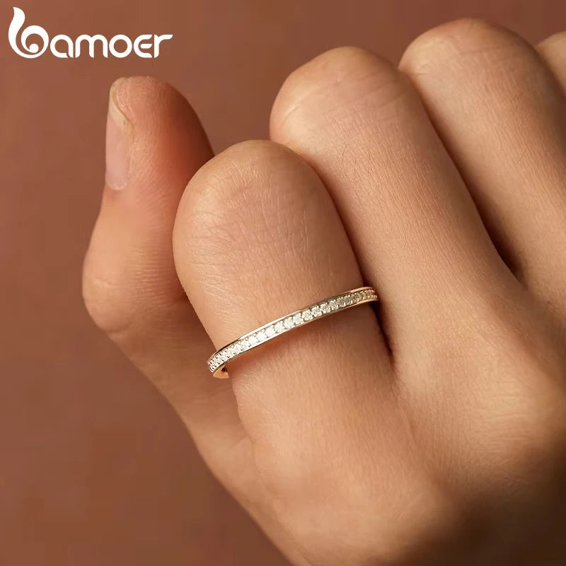 BAMOER Moissanite Wedding Band 925 Sterling Silver Eternity Rings Platinum Plated Lab Created Diamond Stackable Ring for Women