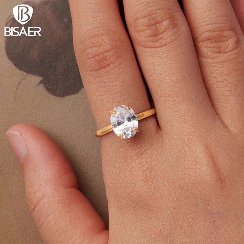 BISAER 925 Sterling Silver 3.5 Carat Oval Cut Engagement Ring Promise Band Plated White Gold for Women Wedding Fine Jewelry Gift