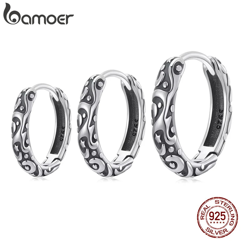 BAMOER Creolen aus massivem 925er Sterlingsilber mit Vintage-Muster für Damen, zierliche Huggie-Creolen mit Blumenmotiv, hypoallergen, trendiges Schmuckstück