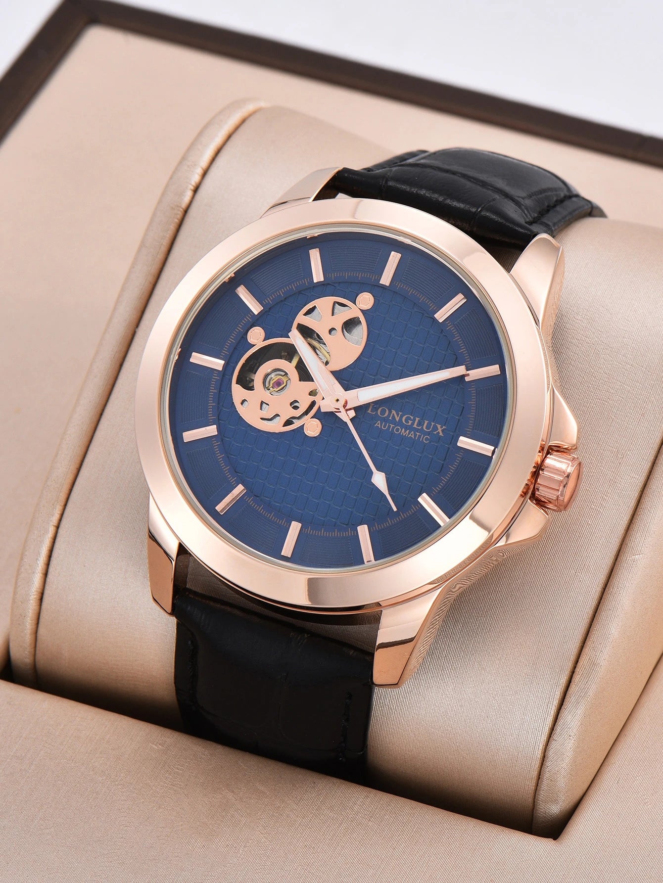 LONGLUX automatic watch Luxury elegant retro skeleton waterproof mechanical watches rose gold leather mens watch gift for you