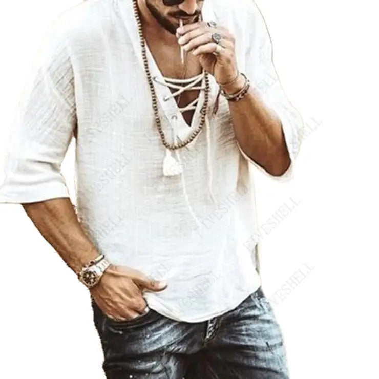 2023 Renaissance Viking Pirate Costume Medieval Cosplay Men Male V Neck Lace Up Vintage Shirt Half Sleeve Linen Blouse Top