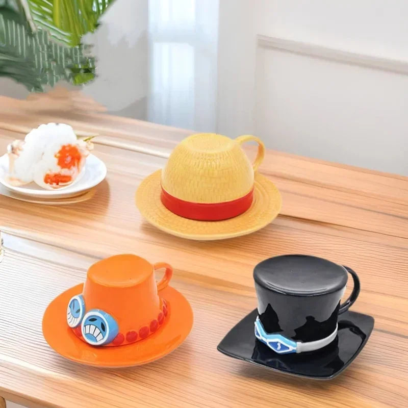 Anime Design Coffee Cup Luffy Eiss Sabo Creative Three Brothers Hat Shaped Ceramics Coffee Cup and Saucer Child's Birthday Gift
