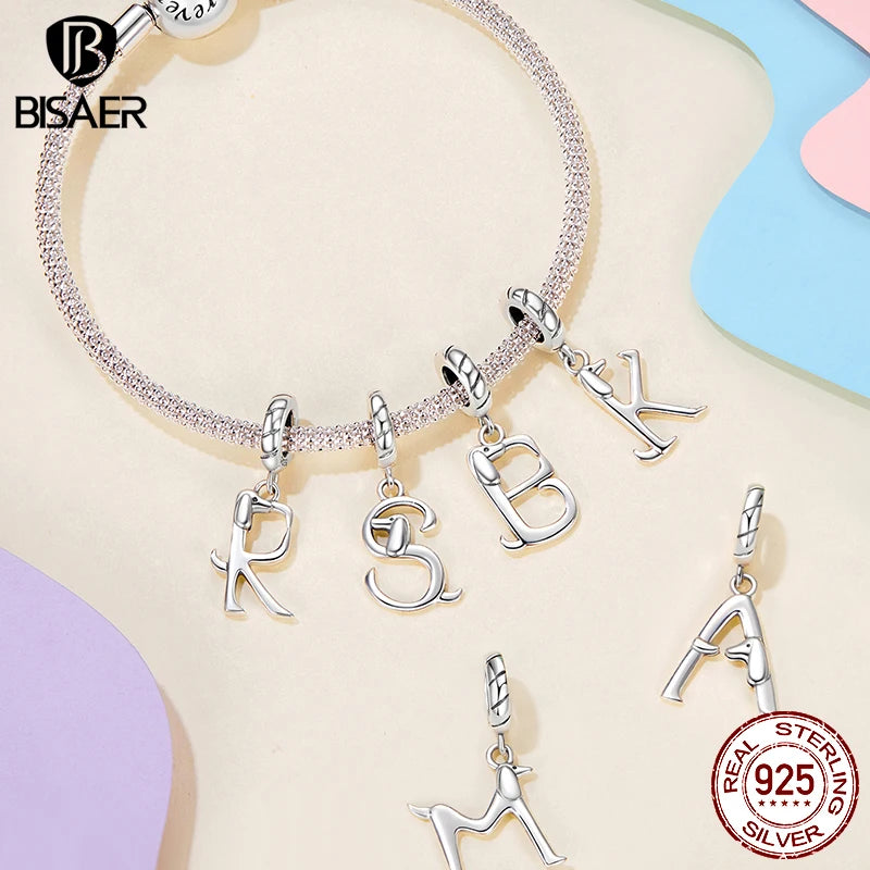 BISAER 100% 925 Sterling Silver Letter Charm Bead Cute Dachshund Dog Pendant For Women DIY Bracelet & Necklace Fine Jewelry Gift