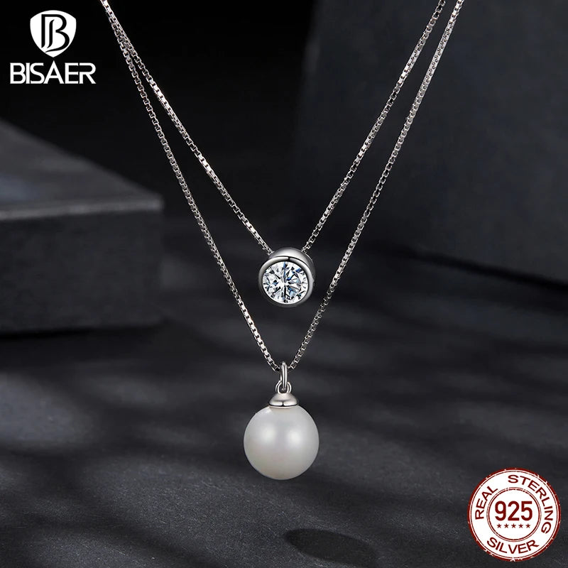 BISAER Moissanite & Pearl Double Layer Necklace VVS1 EX Delicate Lab 925 Sterling Silver Chain For Women Wedding Fine Jewelry