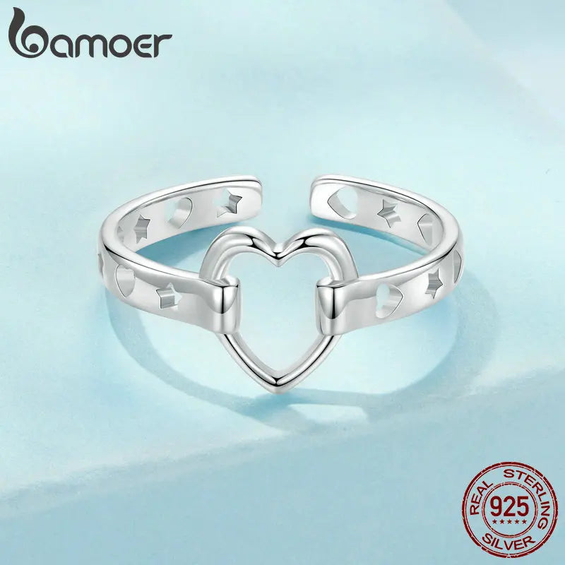 BAMOER 925 Sterling Silber Schlichter Liebesherz-Fingerring für Teenager-Mädchen mit Weißgoldbeschichtung SCR1062-E