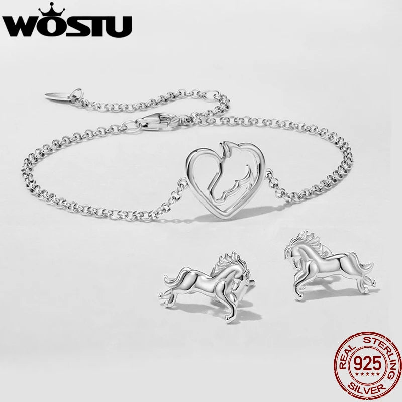 WOSTU Real 925 Sterling Silver Horse & Heart Chain Bracelet Stud Earrings For Women, s925 Silver Unique Horse Lover's Gift Set