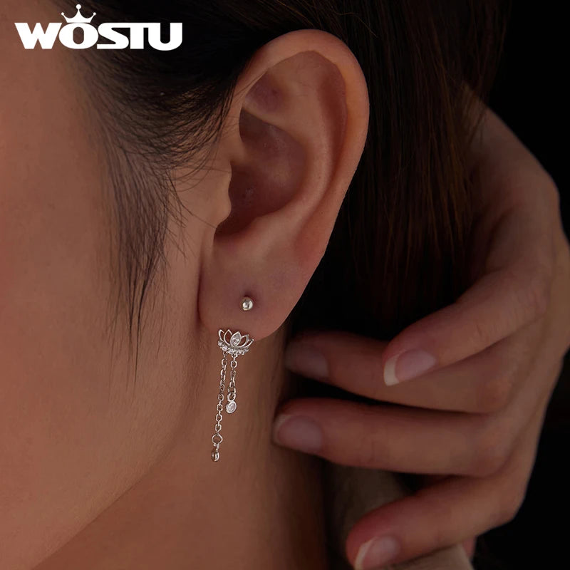 WOSTU Drop Lotus Earrings For Women , 925 Sterling Silver Original Shiny CZ Chain Link Long Flower Stud Earring Wedding Gift