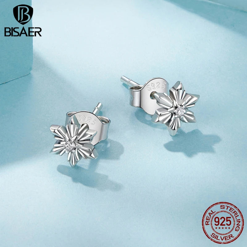 BISAER 100% 925 Sterling Silver Mini Snowflake Stud Earrings Sparkling Zircon Stud Ear For Women Party Fine Jewelry Winter Gift