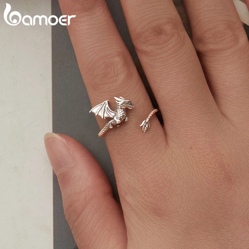 BAMOER 2025 Solid 925 Sterling Silver Dragon Open Ring, Dainty Stackable Rings Cute Dragon Ring Chic Jewelry Gifts for Women