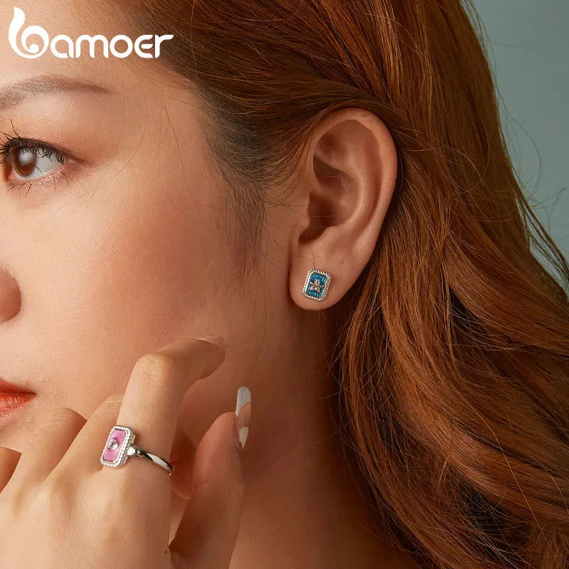 BAMOER Solide 925 Sterling Silber Vintage Star CZ Stud Ohrringe für Frauen Geschenk Retro Denim Blau Emaille Ohrringe SCE1796