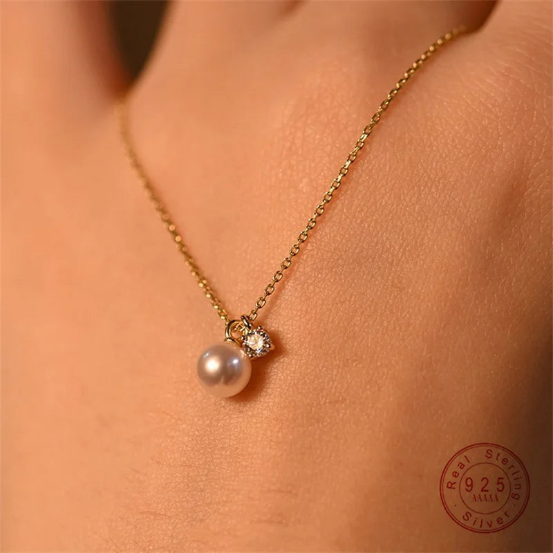 925 Sterling Silver Plating 14K Gold Shell Pearl Zircon Pendant Necklace for Women Simple French Wedding Jewelry Accessorie
