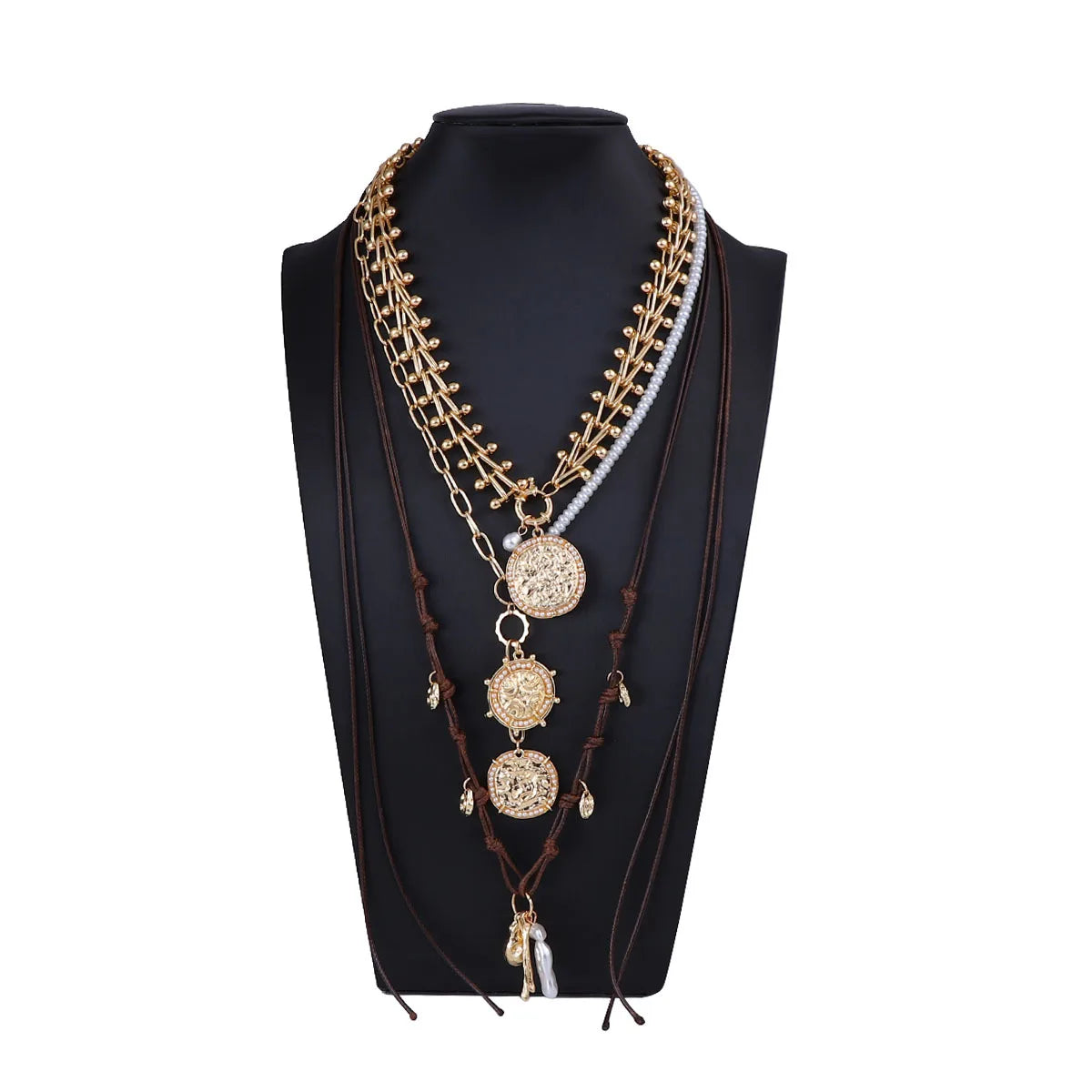 ZAA Retro Personalized Geometric Badge Imitation Pearl Pendant Women's Multi Layer Necklace