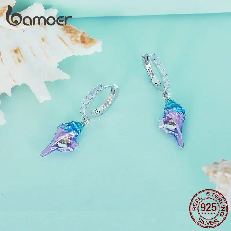 Bamoer 925 Sterling Silver Dreamy Gradual Change Blue Conch Ear Buckles Sea Shell Drop Earrings for Women Ocean Series Jewelry - Madeinsea©