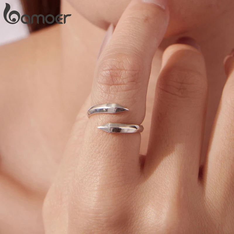 Bamoer 925 Sterling Silver Geometric Line Structural Open Ring Adjusable Arrow Ring for Personalized Women Minimalist Gift