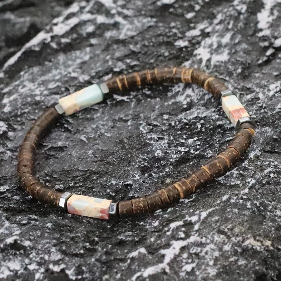 New Natural Coconut Husk Bracelet For Men Premium Tiger Eyes Black Flash Gemstone Stretch Beaded Braclet Yoga Wooden Braslet