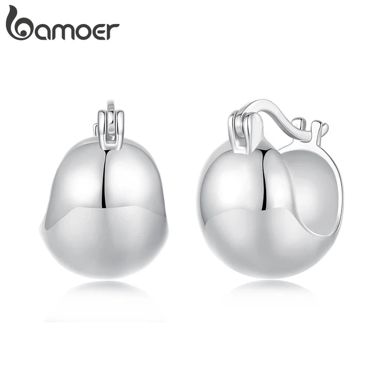 BAMOER White Gold Plated Post Glossy Ball Hoop Earrings, High Polished Chunky Hollow Sphere for Women 925 Sterling Silver Gift