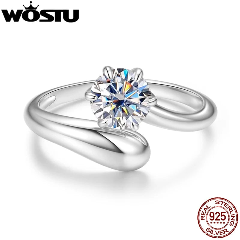 WOSTU 1CT Engagement Solitaire Moissanite Open Ring For Women, s925 Silver Teardrop Wide Bold Statement Ring Chunky Anillo Gift