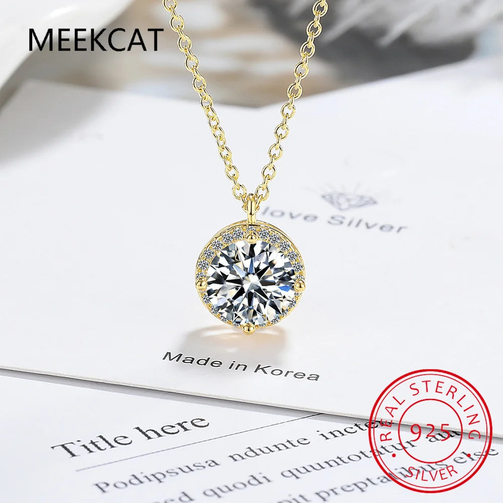 Collier pendentif solitaire en moissanite D de 6,5 mm et 1 carat, plaqué or 18 carats, chaîne en argent 925 véritable. Bijou pour femme.