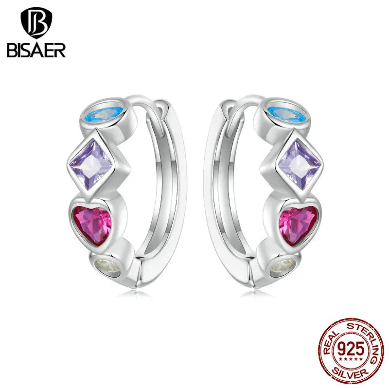 BISAER 925 Sterling Silber Bunte Zirkone Stud Ohrringe Runde Ohr Clip Überzogene Weißes Gold Für Frau Partei Edlen Schmuck ECE1789