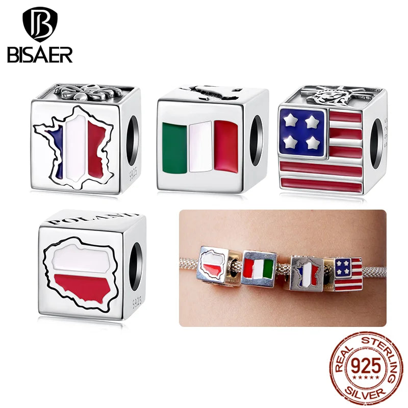 BISAER 925 Sterling Silver Souvenir Charm Italy American Poland France Memorial Symbol Bead for DIY Bracelet Fine Jewelry Gift