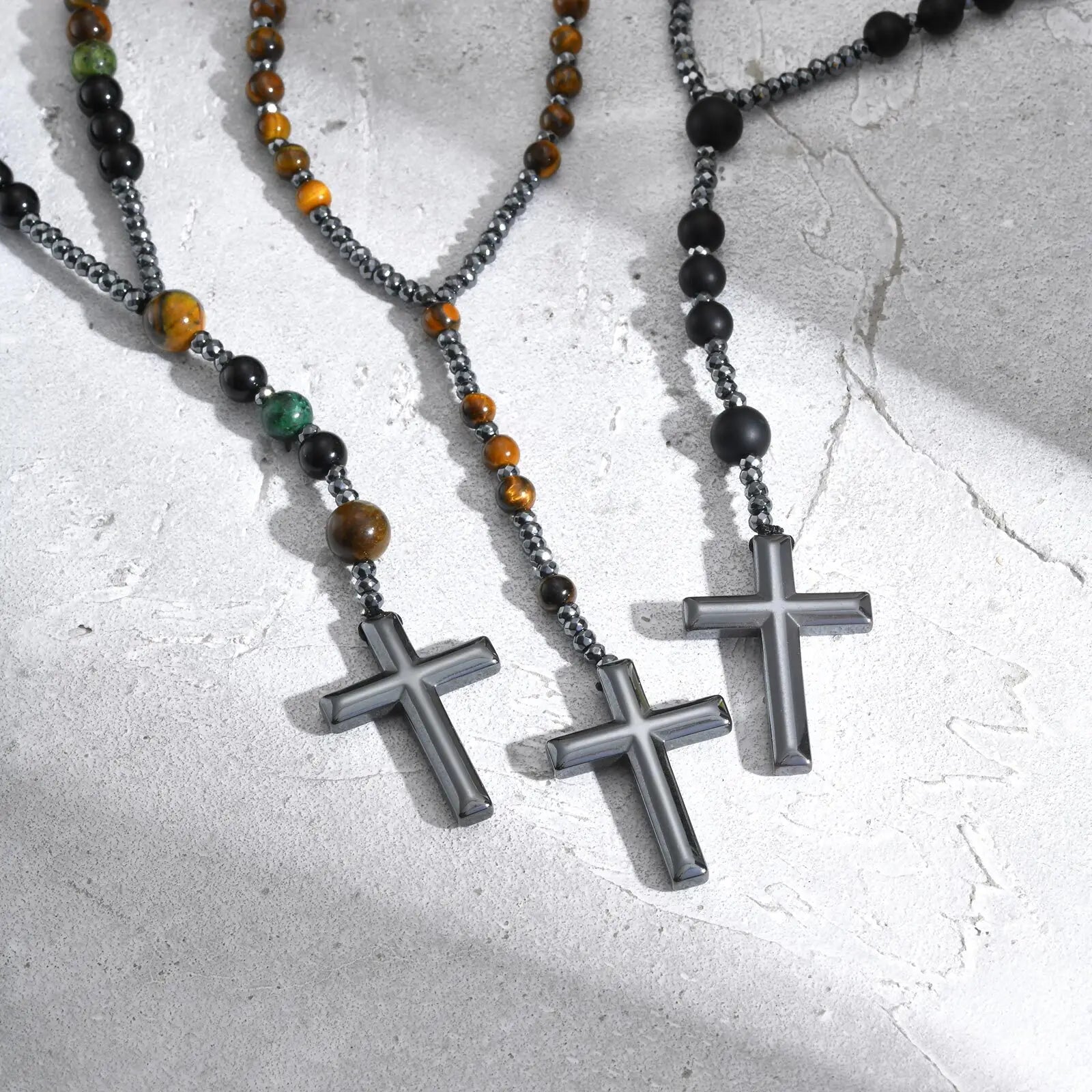 Vnox Natural Stone Power Banlace Healing Beads Necklaces for Men Women,Long Rosary Necklaces,Christian Prayer Faith Cross Collar