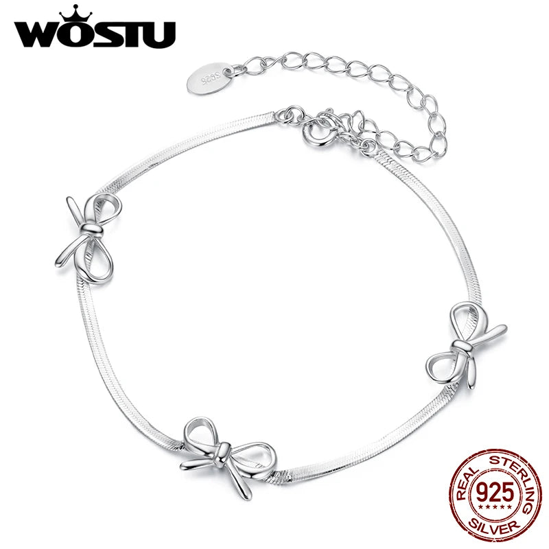 WOSTU Solid 925 Sterling Silver Sweet Bow Bracelets for Women Korean European Style Bowknot Snake Chain Bangle Chain Bracelet