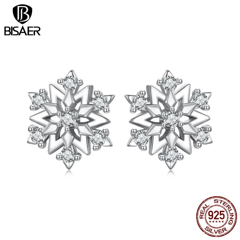 Boucles d'oreilles à tige en argent sterling 925 BISAER en forme de flocon de neige avec zircons scintillants plaqués or blanc pour femmes, bijoux fins de fête, cadeau