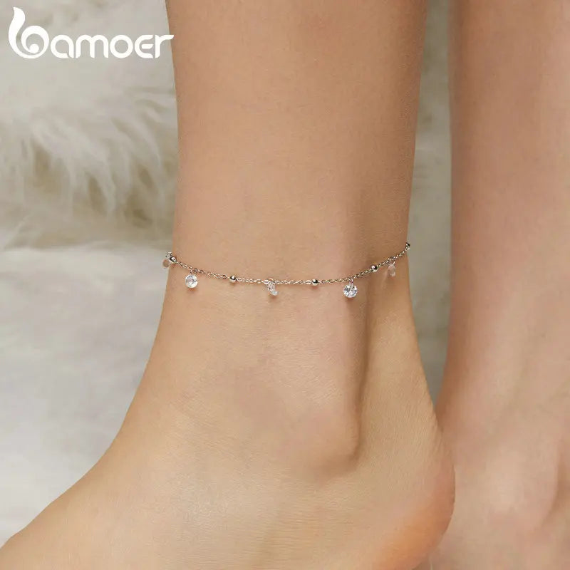 BAMOER Schillerndes Zirkonia-Fußkettchen 925 Sterling Silber Chian Armband für das Bein Weiblicher Fußschmuck für Frauen Beinkette Edler Schmuck