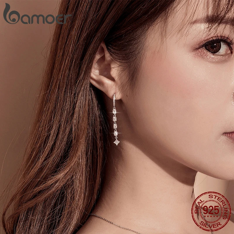 Sterling Silver Classic Square Long Dangle Earrings for Wedding, Women Fine Jewelry Christmas Gift - Madeinsea©