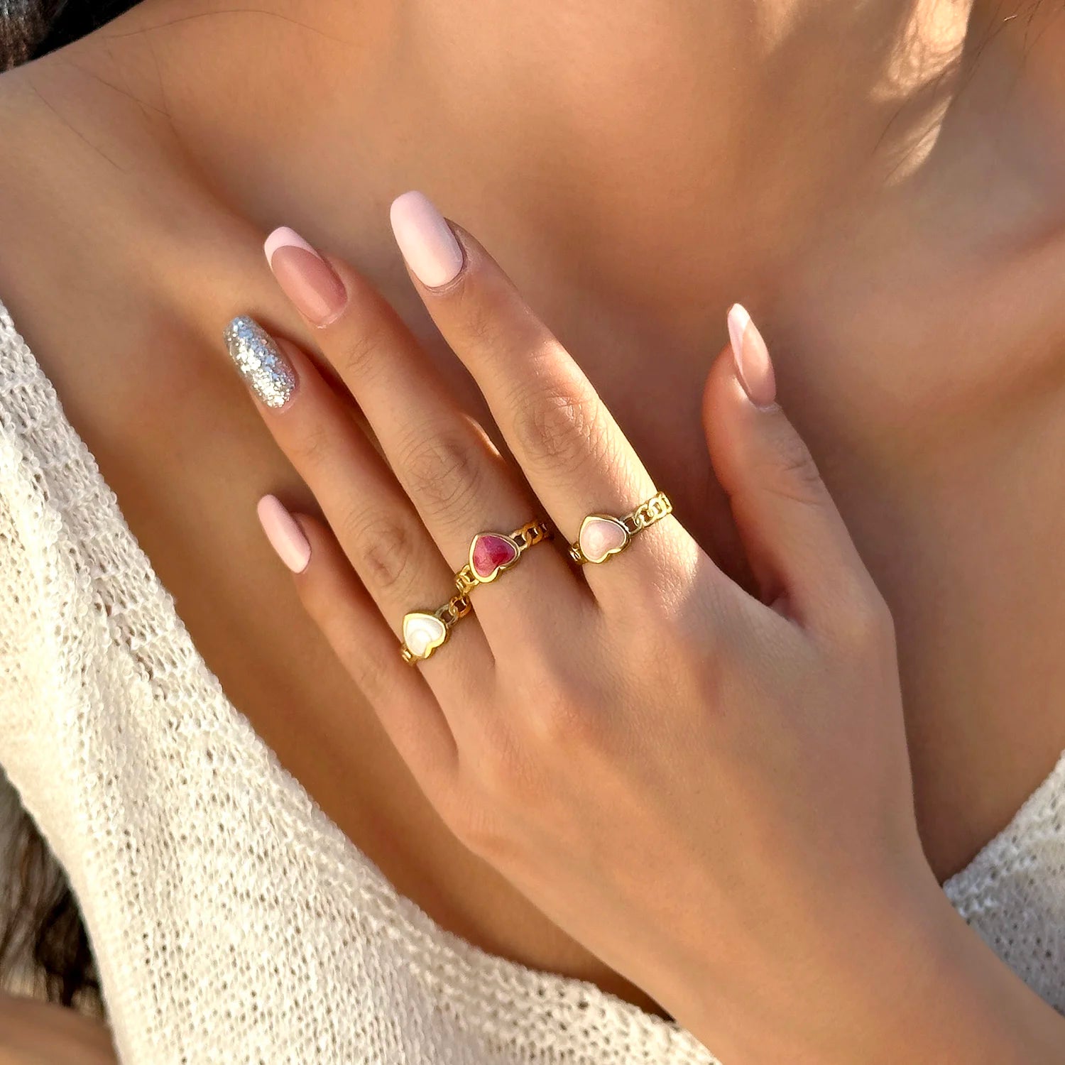 Bohemian Gold Color Enamel Open Rings For Women Stainless Steel Love Heart Shape Adjustable Finger Ring Luxury Charm Jewelry