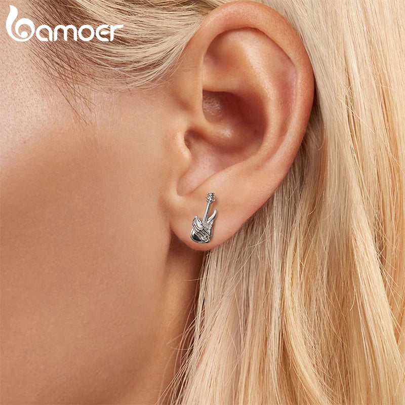 BAMOER Solid 925 Sterling Silver Skull Hand Bass Earrings Music Shape Minimalist Small Studs Daily for Women Fashion Jewelry