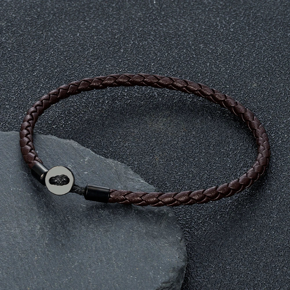 MKENDN Simple Style Black Stainless Steel Button Braided Leather Bracelet For Men Women Couple Jewelry Gifts Homme