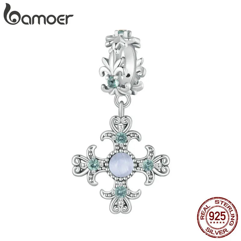 Iris Cross Charm for Women 925 Sterling Silver Cross Pendant Flower Initial Pendant fit Charm Bracelet Christmas DIY - Madeinsea©