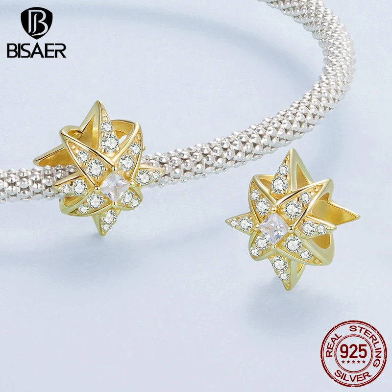 BISAER 925 Sterling Silver Starburst Charm Twinkle Star Bead Plated Gold for Women DIY Bracelet & Necklace Fine Jewelry Gift