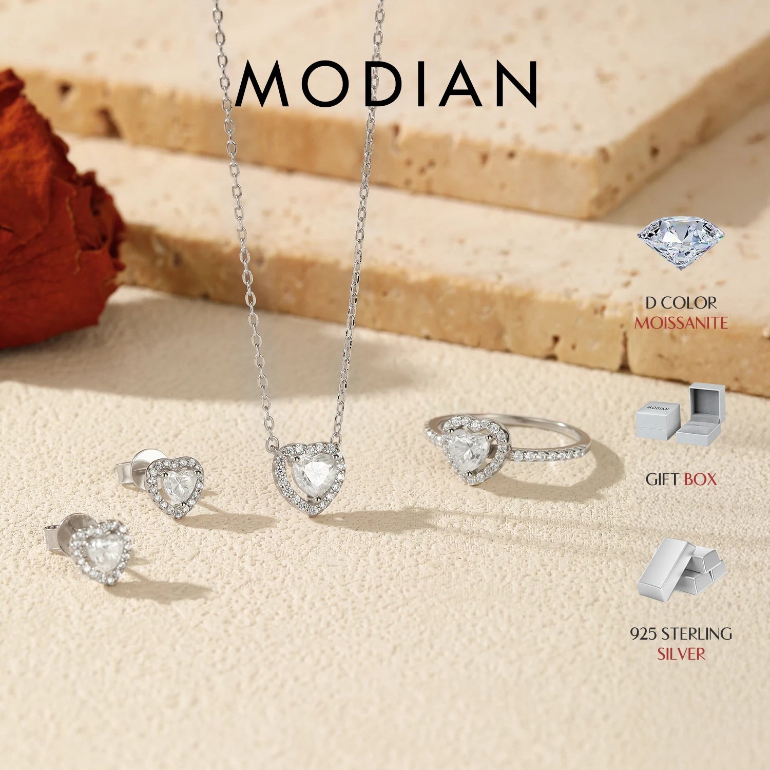 MODIAN Heart Moissanite Wedding Set 925 Sterling Silver Luxury Halo Earring Sparkle Rings Necklace For Women Bridal Jewelry