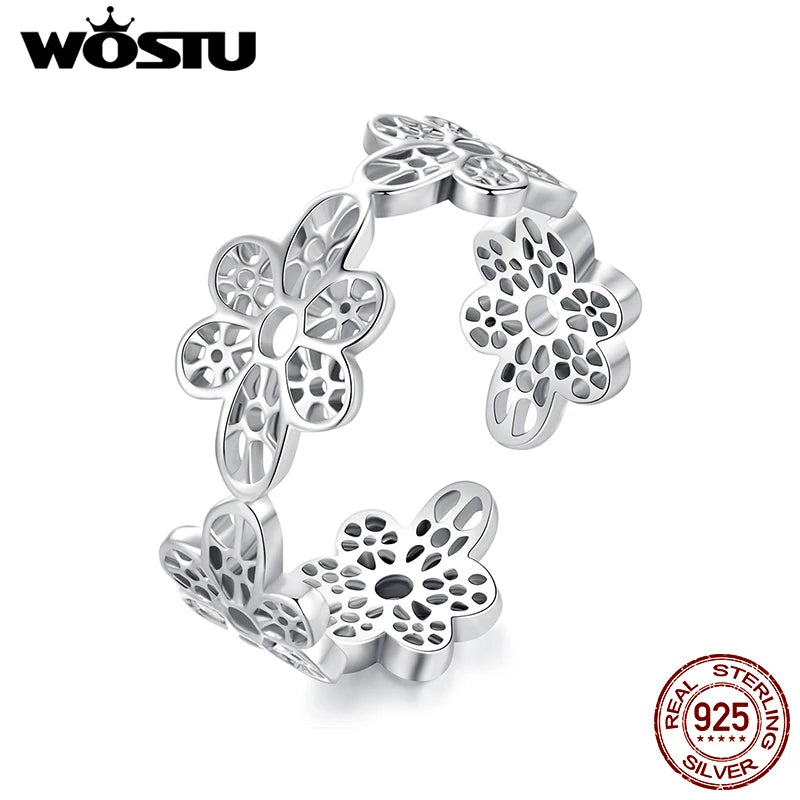 WOSTU 925 Sterling Silver Vintage Flower Opening Ring , Women Hollow Lace Flowers Adjustable Party Rings Statement Jewelry Gift