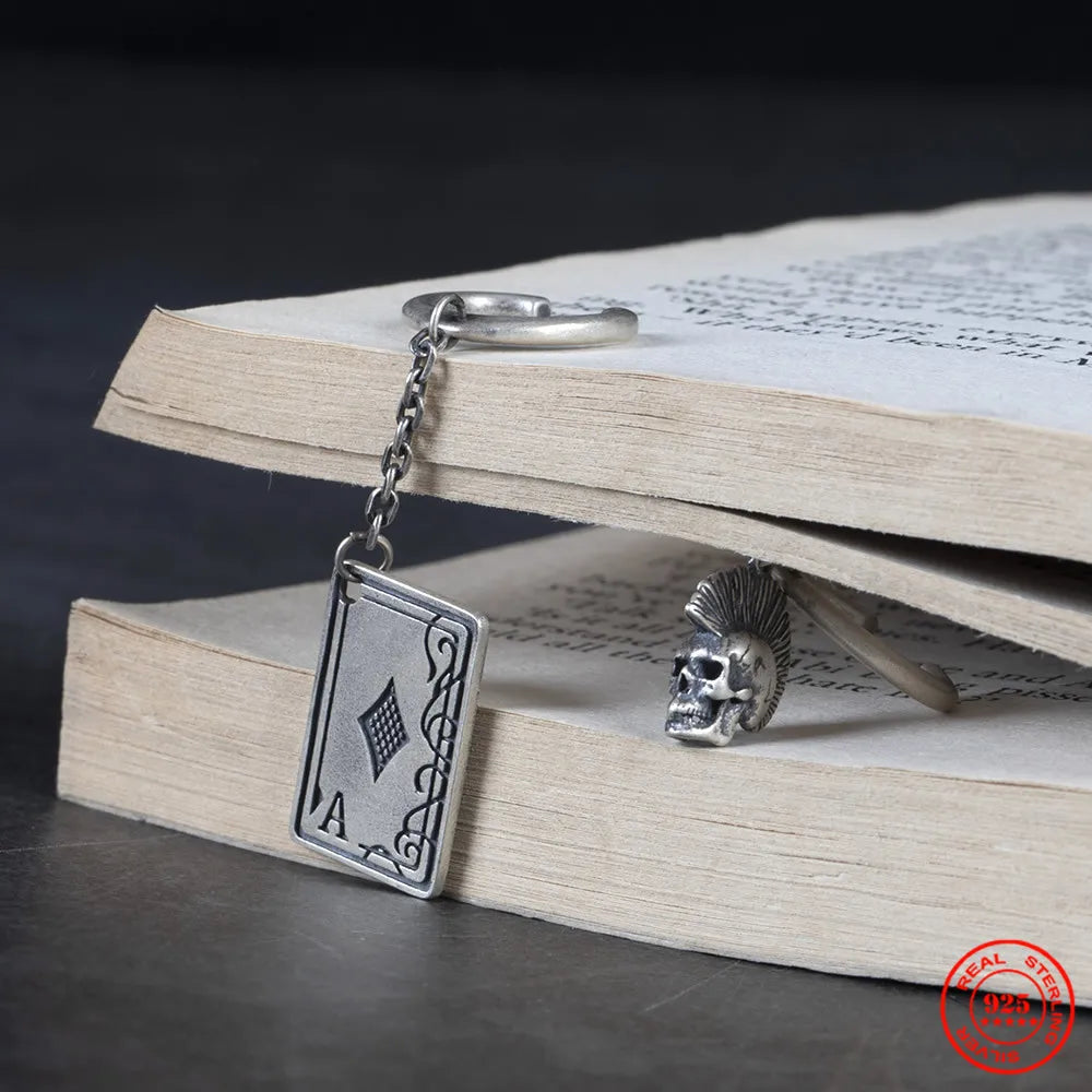 MKENDN 925 Sterling Silver Creative Retro Skull Playing Card A Pendant Drop Earring Trendy Street Punk Style for Men Women Ear