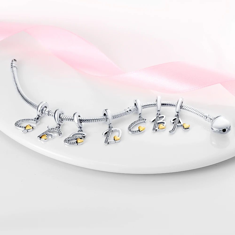 Classic 925 Sterling Silver 26 Gold Color Heart Zircon Letter A-Z Charms Beads Fit Original Bracelets DIY Birthday Jewelry Gift