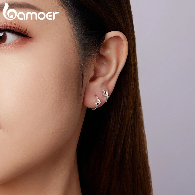 BAMOER Solid 925 Sterling Silver Double Star Hoop Earrings Starlight Ear Buckles for Women, Hypoallergenic Romantic Jewelry Gift
