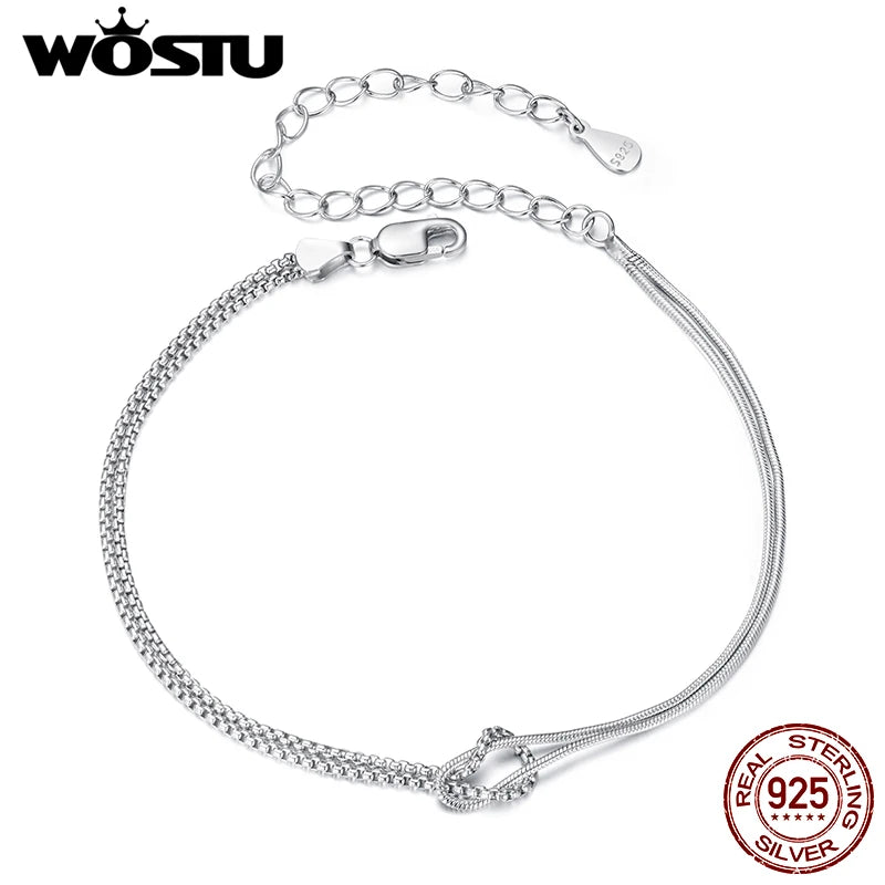 WOSTU Real 925 Sterling Silver Love Knot Bracelets for Women Couple s925 Silver Cube punk Chain Charm Bracelet