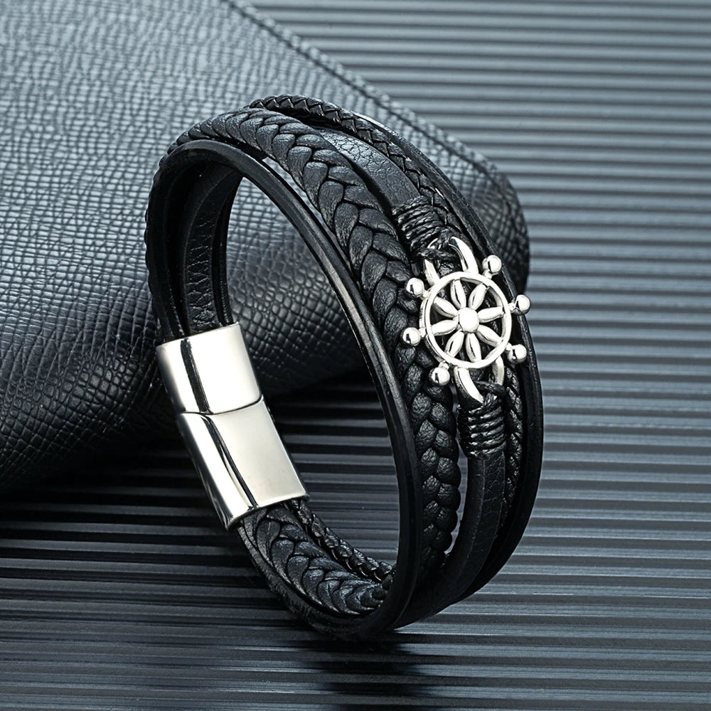 MKENDN Mode Männer Anker Ruder Armband Gewebte Mehrschichtige Geflochtene Lederarmbänder Für Frauen Edelstahl Schmuck Geschenke