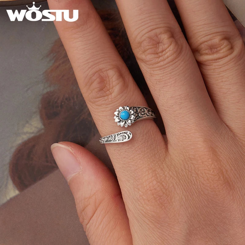 WOSTU 925 Sterling Silver Vintage Turquoise Sunflower Ring Stacking Simple Flower Opening Rings Jewelry Gift For mom Love Family