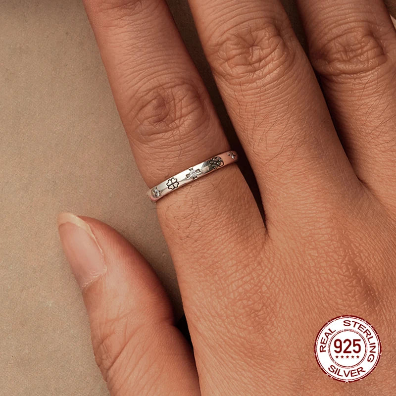 BAMOER Solid 925 Sterling Silver Lucky Guardian Band Ring, Minimalistic Statement Ring with CZ Delicate Personalized Jewelry