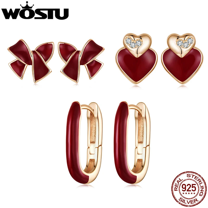 WOSTU 925 Sterling Silver Rose Gold Red Heart Butterfly Stud Earrings For Women , Delicate Angela Red Doop Earring Huggies New