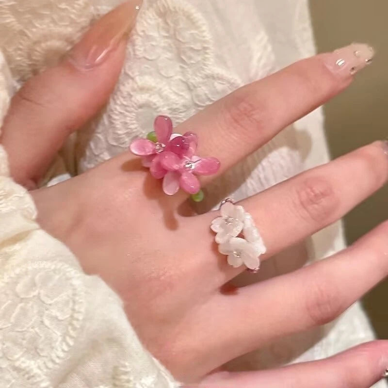 New Romantic Cute Violet Flower Ring For Women Sweet Floral Elastic Beaded Finger Ring Girls Party Festival Jewelry Accessories