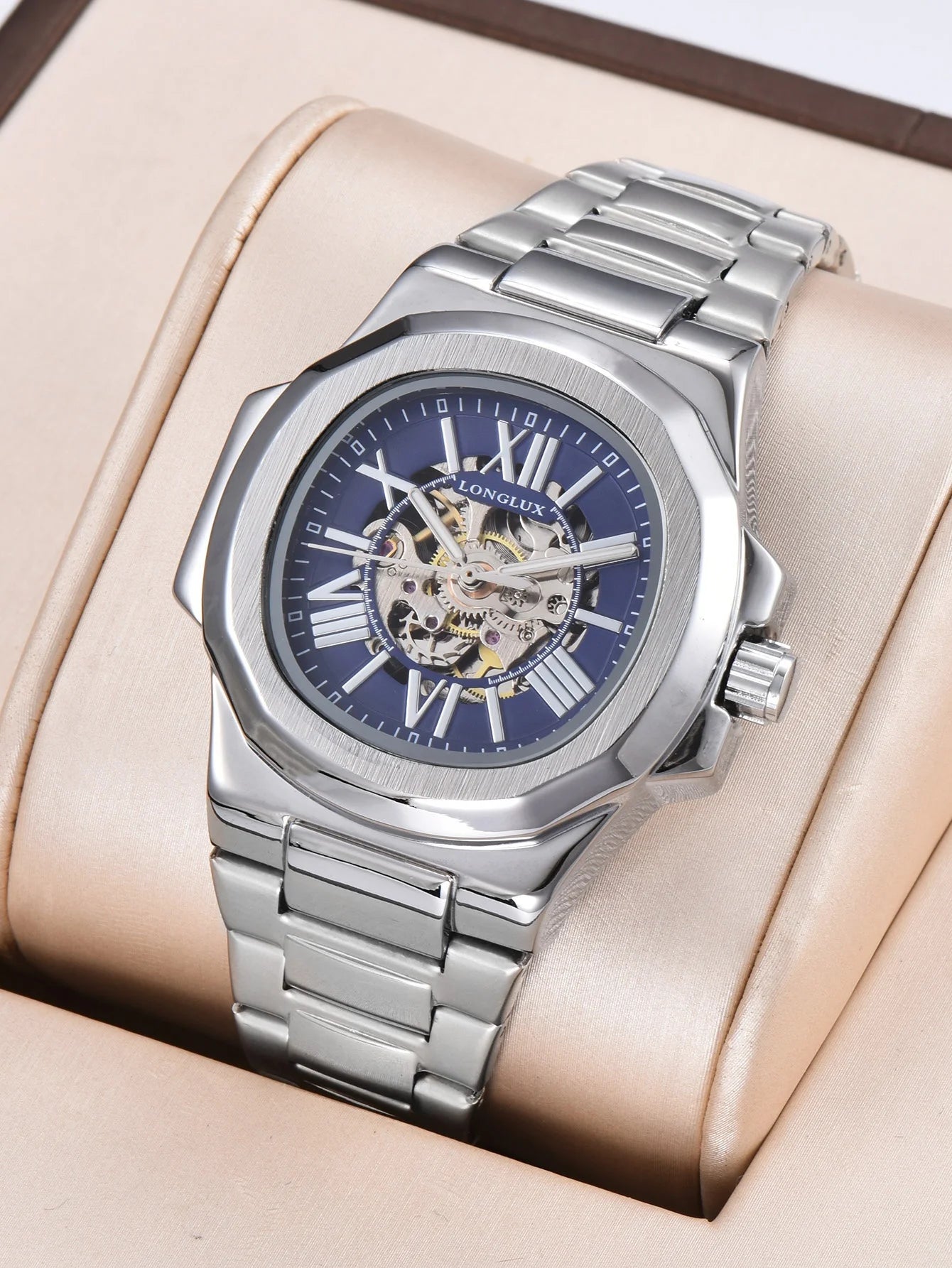 LONGLUX HOT SALE NEW automatic mechanical men watch rome business waterproof skeleton luminous stainless steel gift watch