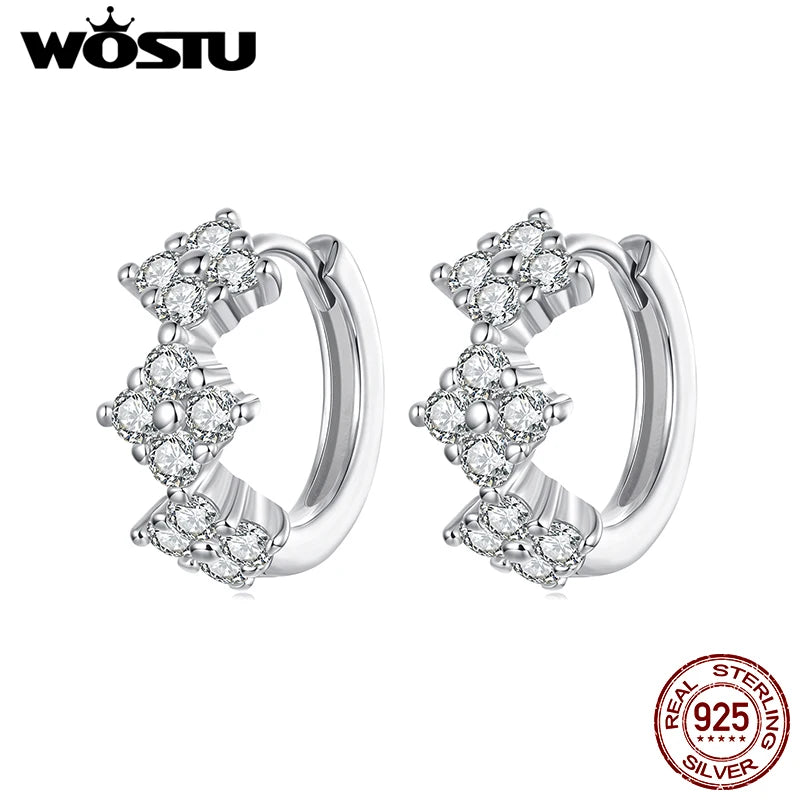 WOSTU Solid 925 Silver AAA CZ Four-Leaf Clover Huggies Earrings For Women, Full Zircon Wedding Engagement Hoop Earring Party G