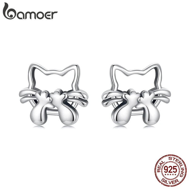 BAMOER 925 Sterling Silber Ohrstecker mit ausgehöhlter Katze, hypoallergen, süße Tierohrringe, Modeschmuck, Geschenk, SCE1846